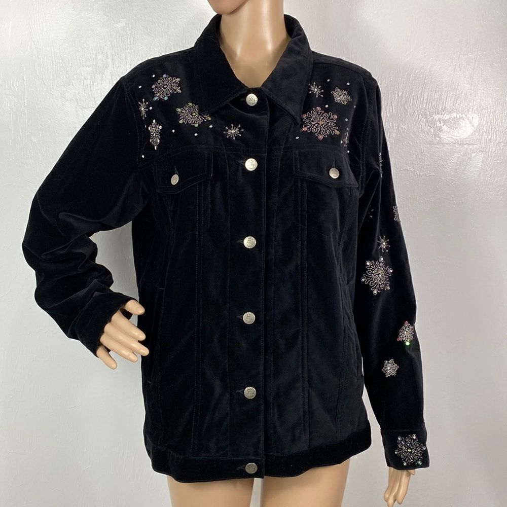 The Quacker Factory embroidered black velvet cotton jacket Y2K size M